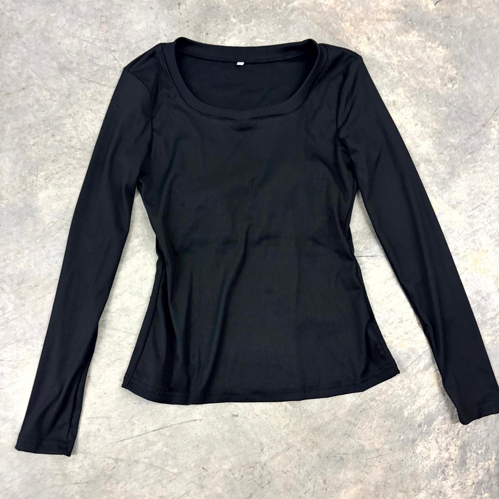 Black Ribbed Long Sleeve Scoop Neck Top Size Small Casual Basic